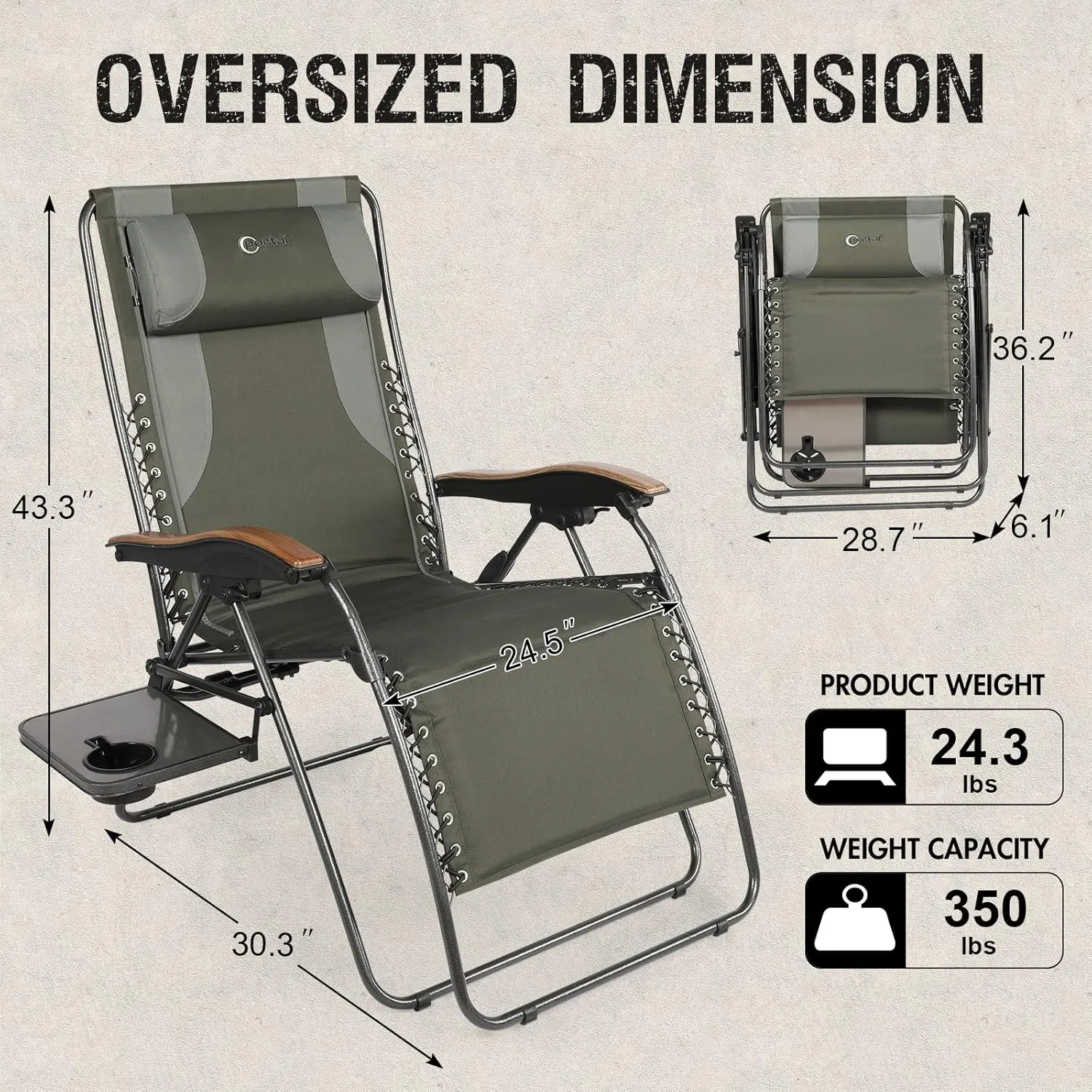 PORTAL Oversized Mesh Back Zero Gravity Reclining Patio Chairs, XL Padded Seat Folding Patio Lounge Chair with Adjustable Pillows and Cup Holder for Poolside Backyard/Lawn, Support 350lbs