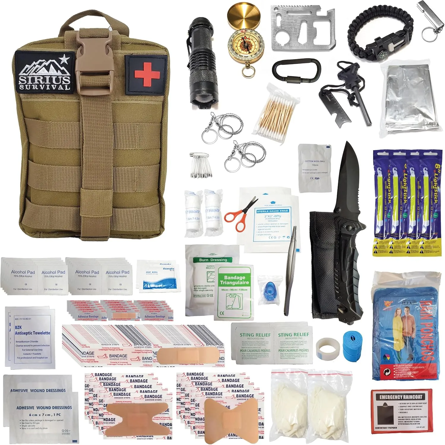 Premium 250 Piece Molle Survival & First Aid Kit - Outdoor Emergency Gear & Trauma Bag for Camping Hiking Hunting Car Cabin and Other Adventures