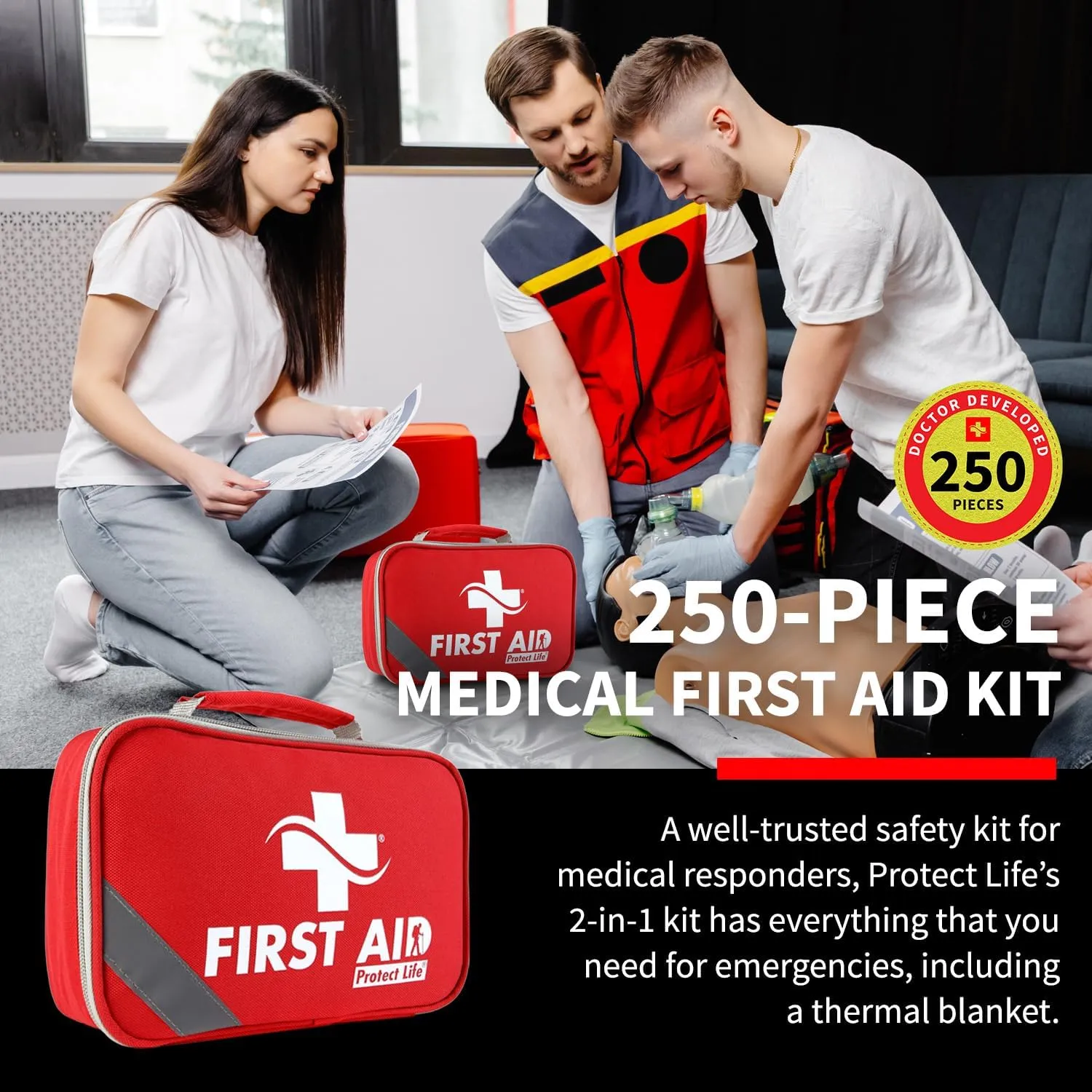 Protect Life First Aid Kit for Home/Business, HSA/FSA Eligible Emergency Kit - Medical First Aid Kit - Camping First Aid Kit Hiking - 250pcs