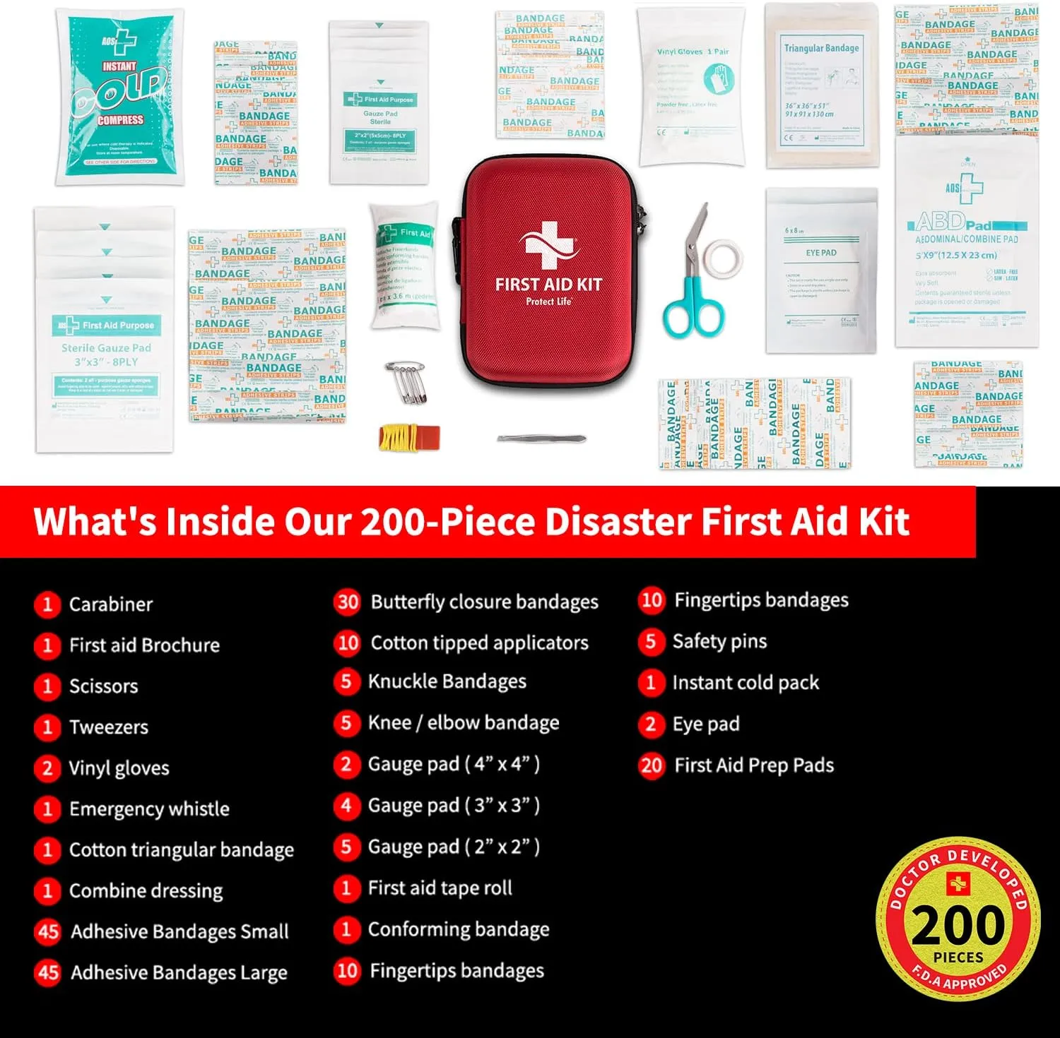 Protect Life Survival First Aid Kit for Home/Business, Camping Survival Kits | Mini Travel First Aid Kit | Camping Equipment | Small Kits for Car | Outdoor Emergency Survivals Pack - 200pcs