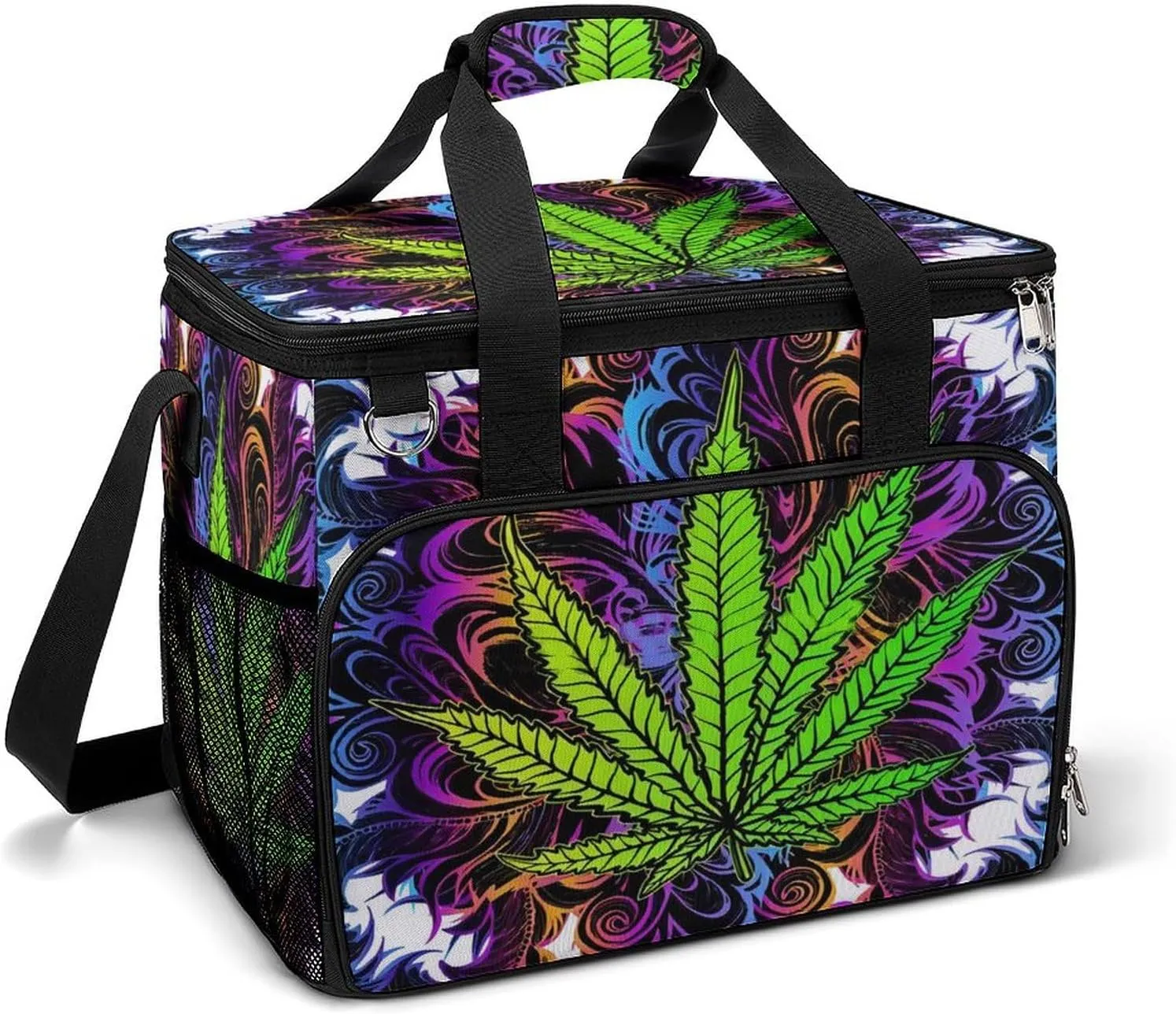 Psychedelic Trippy Marijuana Pattern Cooler Bag, Collapsible Soft Sided Cooler, Large Leakproof Camping Cooler, Portable Travel Cooler for Camping, Road Trips