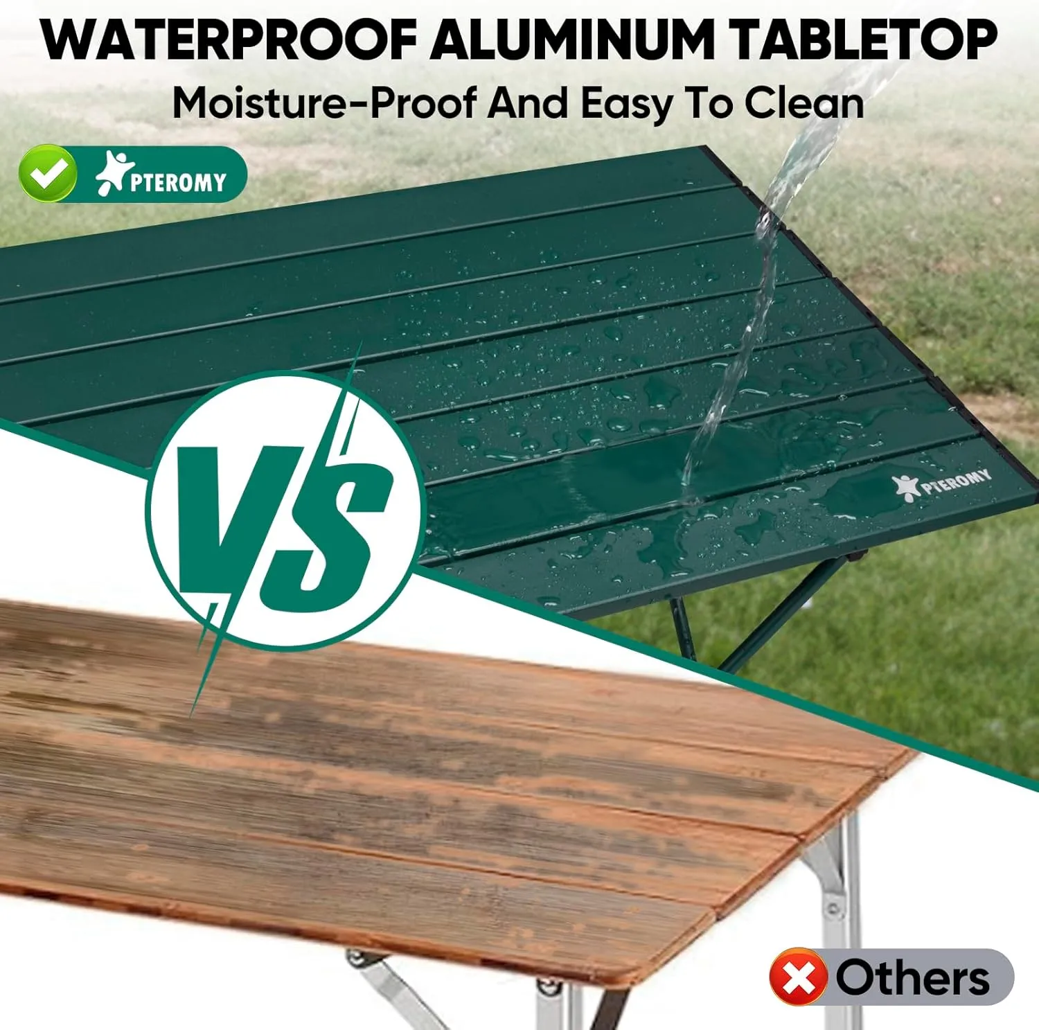 PTEROMY Folding Camping Table with Ultralight Aluminum Tabletop, Camping Side Table Portable Beach Table Outdoor Folding Table for Camping, Picnics, and BBQs (Large, Green)