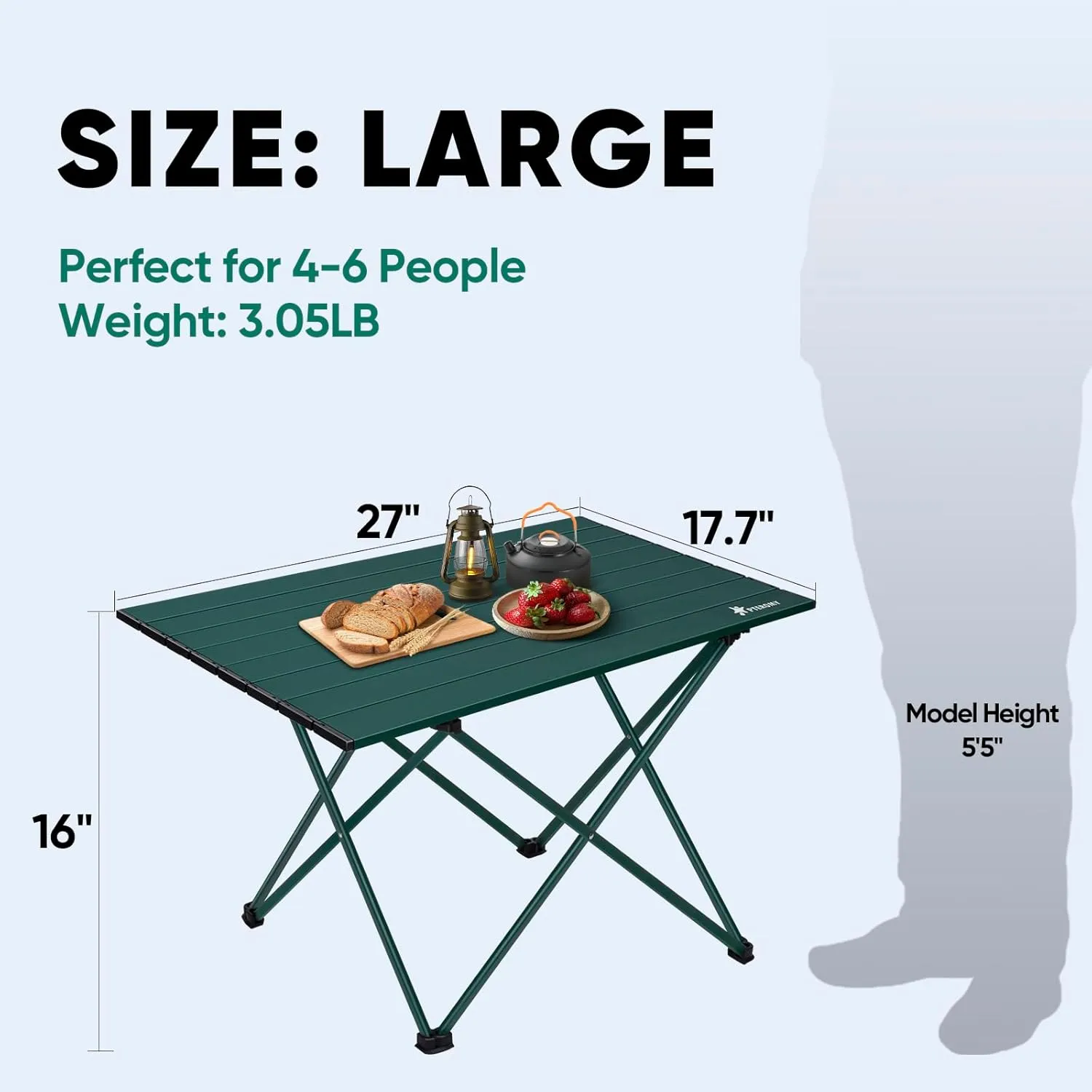 PTEROMY Folding Camping Table with Ultralight Aluminum Tabletop, Camping Side Table Portable Beach Table Outdoor Folding Table for Camping, Picnics, and BBQs (Large, Green)