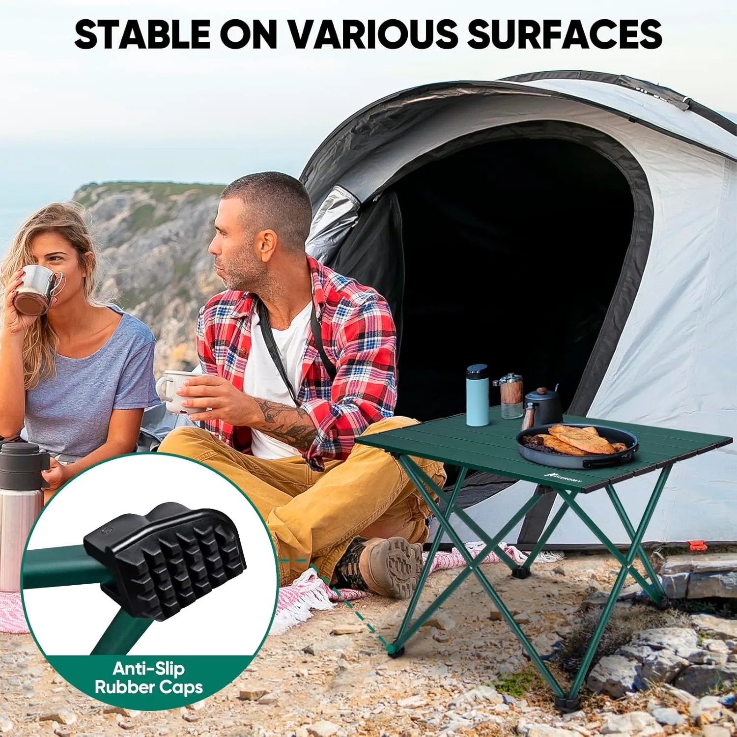 PTEROMY Folding Camping Table with Ultralight Aluminum Tabletop, Camping Side Table Portable Beach Table Outdoor Folding Table for Camping, Picnics, and BBQs (Large, Green)