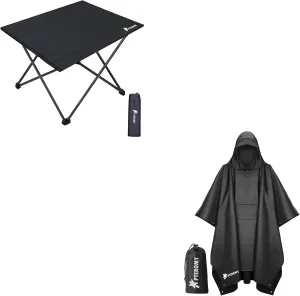 PTEROMY Hooded Rain Poncho with Pocket   Folding Camping Table