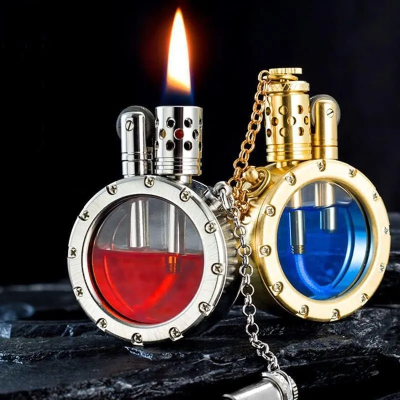 Pure Brass Kerosene Lighter Transparent Fuel Tank Heavy Flint Lighter for Smoking Vintage Trench Lighter (Silver Tutenag)