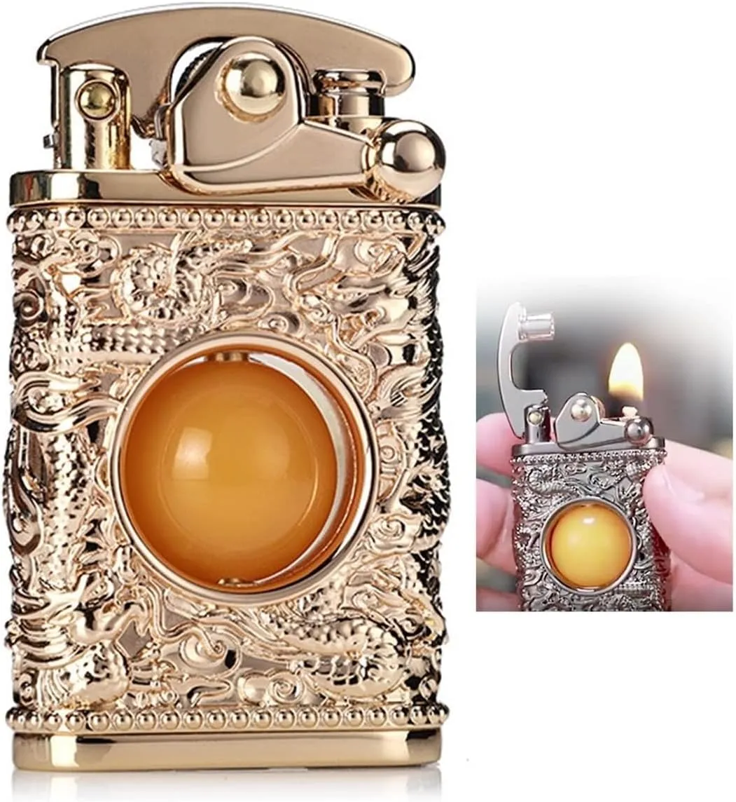 Pure Copper Torch Lighter Handmade Cool Lighter, Flint Wheel Cigarette Lighter, Kerosene Lighter, Adjustable Flame Kerosene Lighter(Gold)