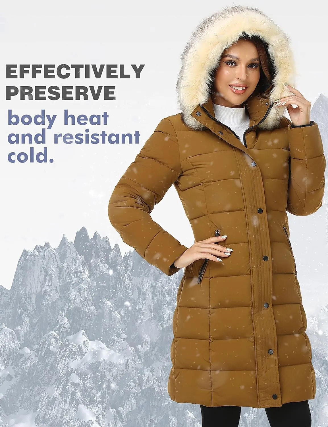PUREMSX Winter Puffer Jacket for Women, Warm Fur Hood Outdoor Thick Insulated Quilted Long Coat XS-XXL
