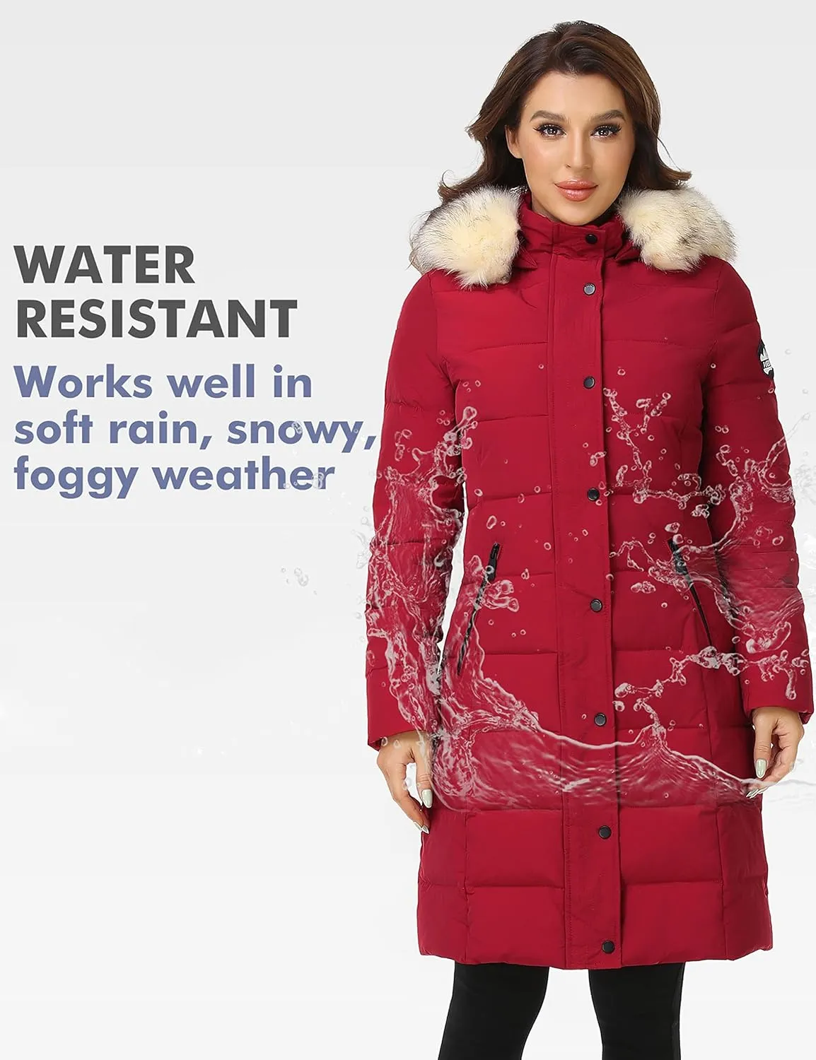 PUREMSX Winter Puffer Jacket for Women, Warm Fur Hood Outdoor Thick Insulated Quilted Long Coat XS-XXL