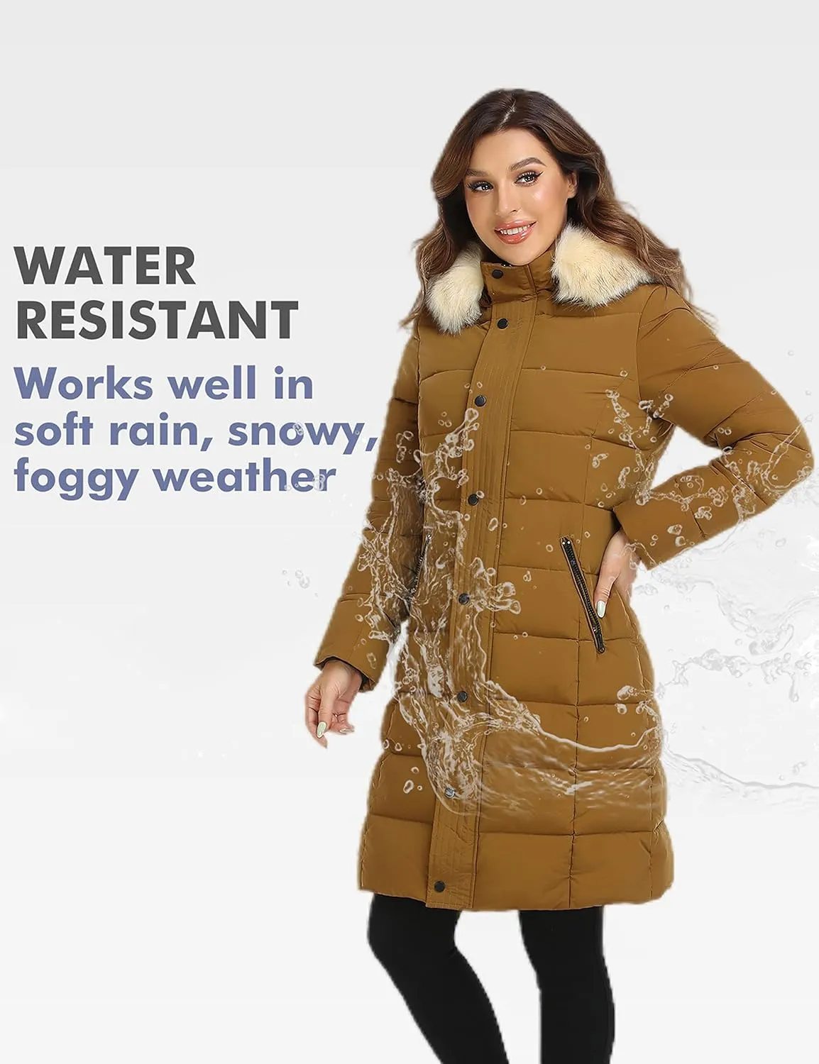 PUREMSX Winter Puffer Jacket for Women, Warm Fur Hood Outdoor Thick Insulated Quilted Long Coat XS-XXL