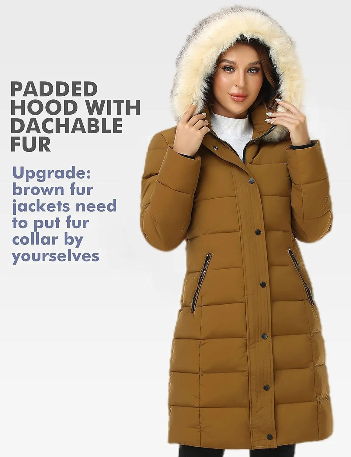 PUREMSX Winter Puffer Jacket for Women, Warm Fur Hood Outdoor Thick Insulated Quilted Long Coat XS-XXL