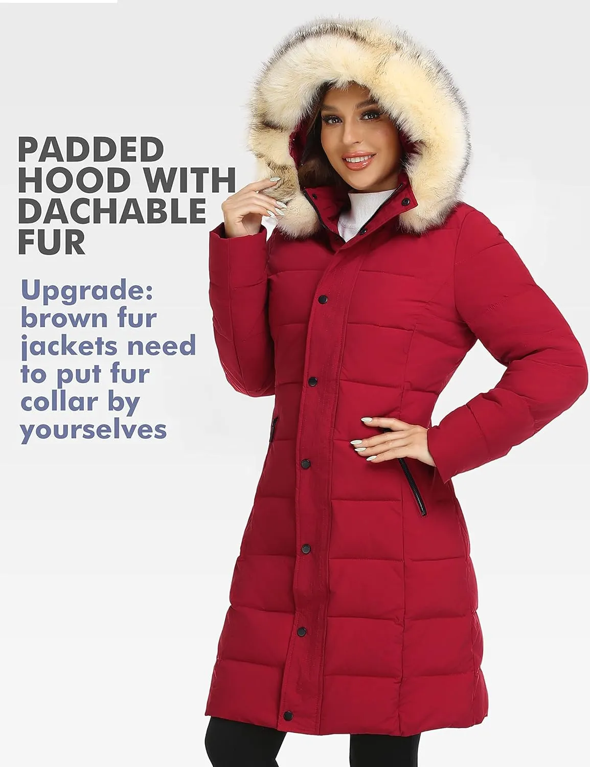 PUREMSX Winter Puffer Jacket for Women, Warm Fur Hood Outdoor Thick Insulated Quilted Long Coat XS-XXL