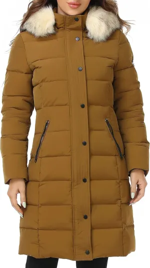 PUREMSX Winter Puffer Jacket for Women, Warm Fur Hood Outdoor Thick Insulated Quilted Long Coat XS-XXL