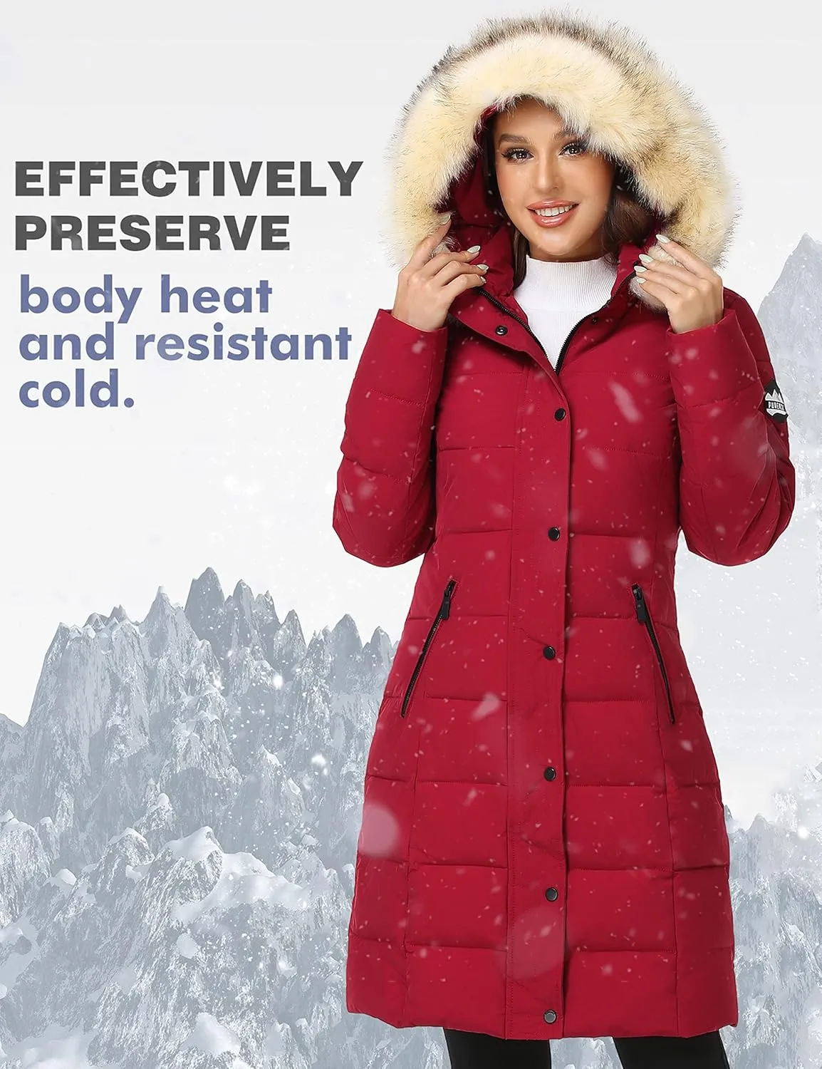 PUREMSX Winter Puffer Jacket for Women, Warm Fur Hood Outdoor Thick Insulated Quilted Long Coat XS-XXL