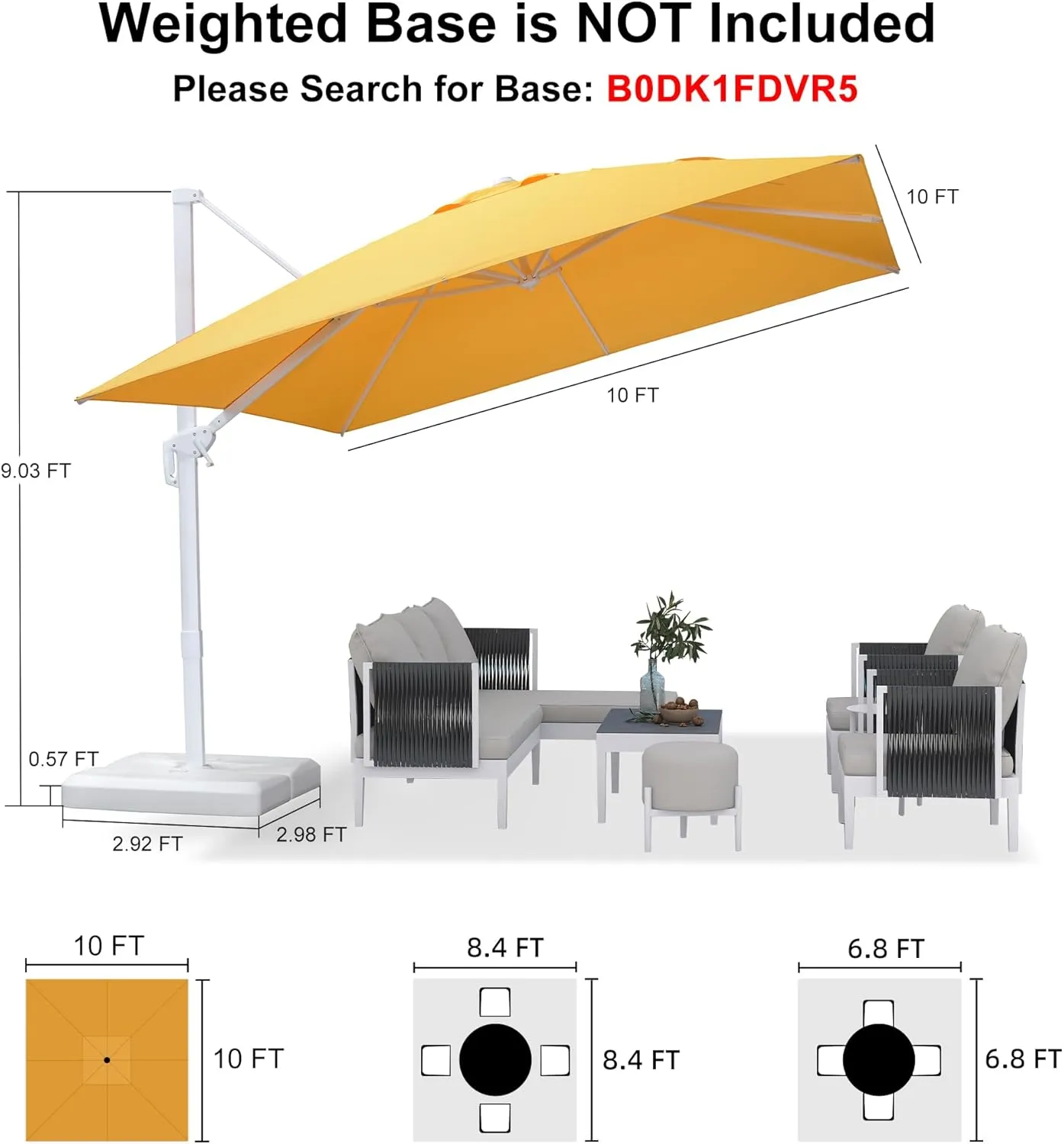 PURPLE LEAF 10 FT Patio Umbrella White Cantilever Umbrella Aluminum Square Outdoor Offset Umbrella Hanging Windproof with 360° Rotation for Garden Deck Pool, Yellow