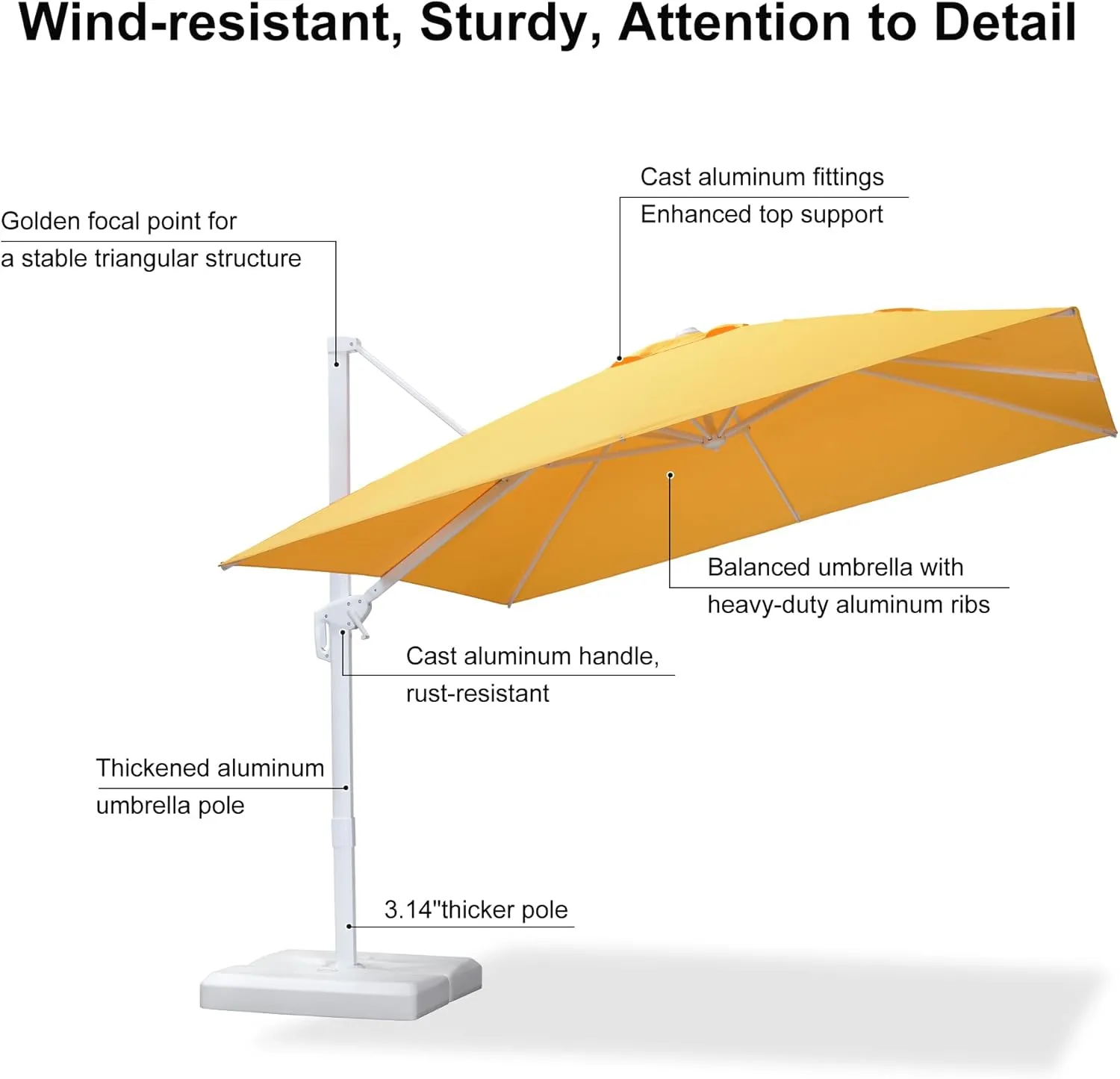 PURPLE LEAF 10 FT Patio Umbrella White Cantilever Umbrella Aluminum Square Outdoor Offset Umbrella Hanging Windproof with 360° Rotation for Garden Deck Pool, Yellow