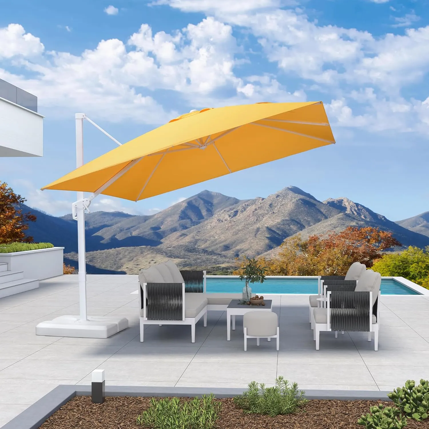 PURPLE LEAF 10 FT Patio Umbrella White Cantilever Umbrella Aluminum Square Outdoor Offset Umbrella Hanging Windproof with 360° Rotation for Garden Deck Pool, Yellow
