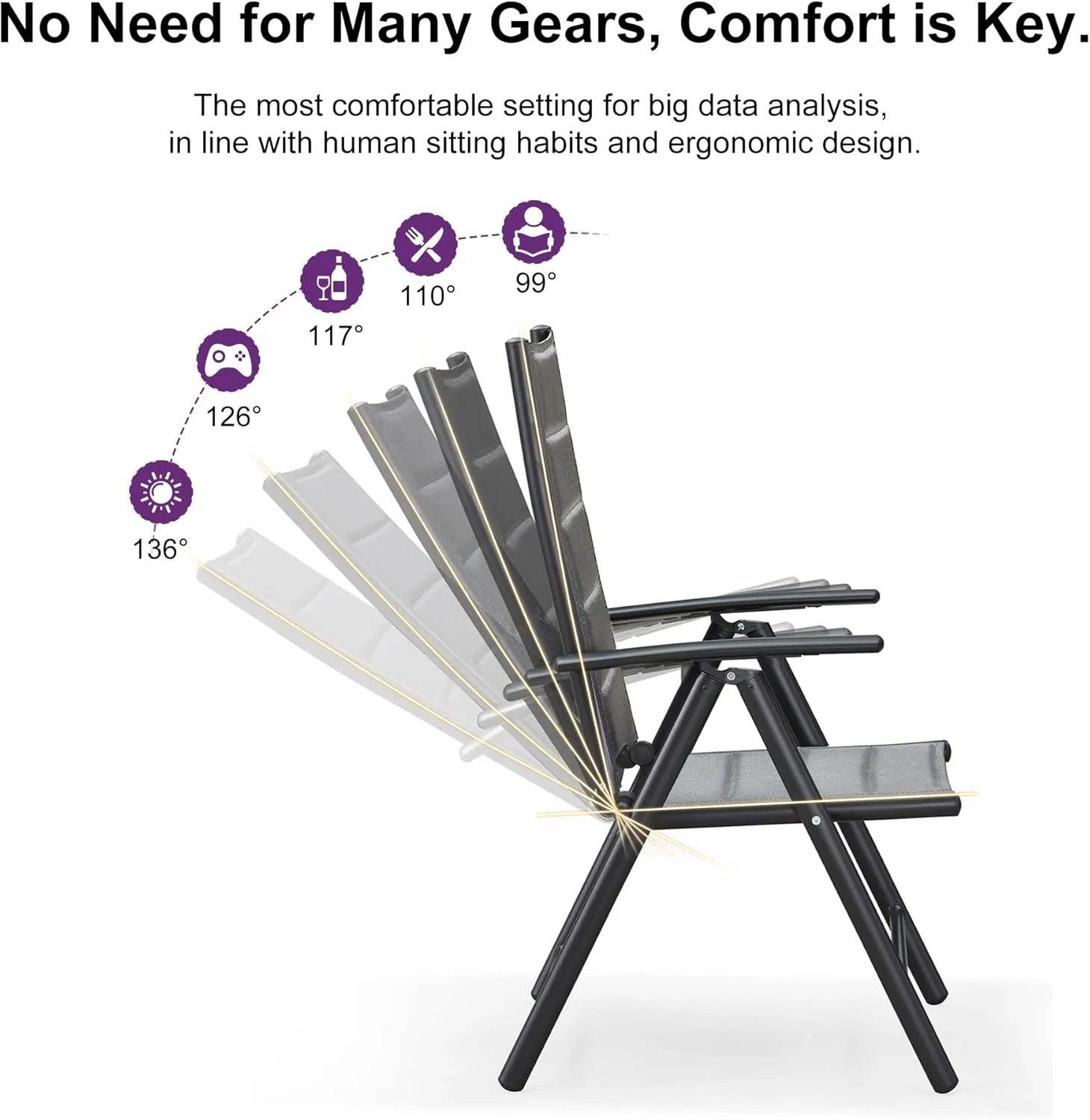 PURPLE LEAF Outdoor Patio Folding Chairs Set of 2, Outdoor Reclining Camping Chairs with Soft Cotton-Padded Seat Adjustable High Backrest Portable Chairs, Grey