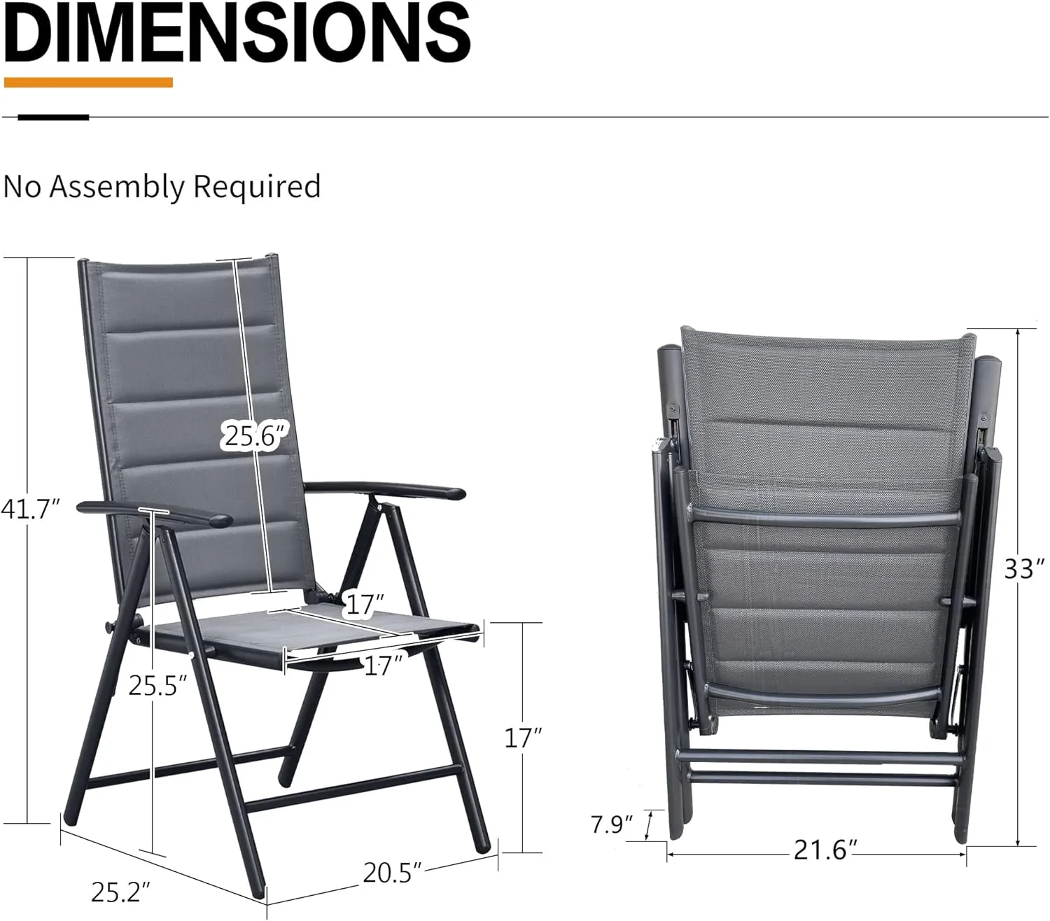 PURPLE LEAF Outdoor Patio Folding Chairs Set of 2, Outdoor Reclining Camping Chairs with Soft Cotton-Padded Seat Adjustable High Backrest Portable Chairs, Grey