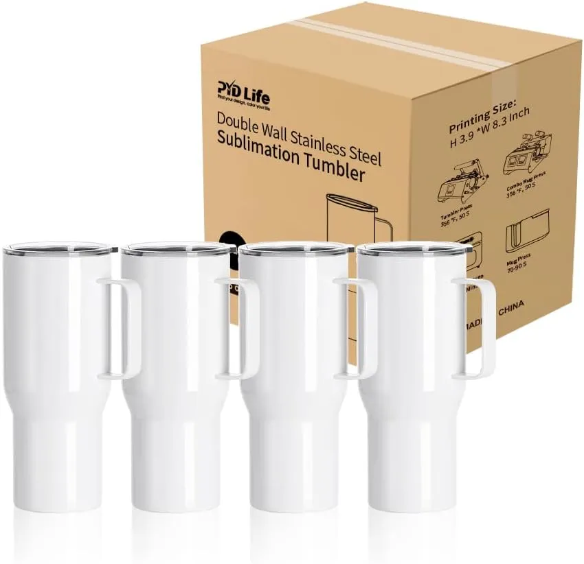 PYD Life Sublimation Tumblers Blanks with Handle 25 OZ Coffee Travel Car Stainless Steel Mugs Cups with Leakproof Lid for Mug Tumbler Heat Press Sublimation Oven Printing 4 Pack
