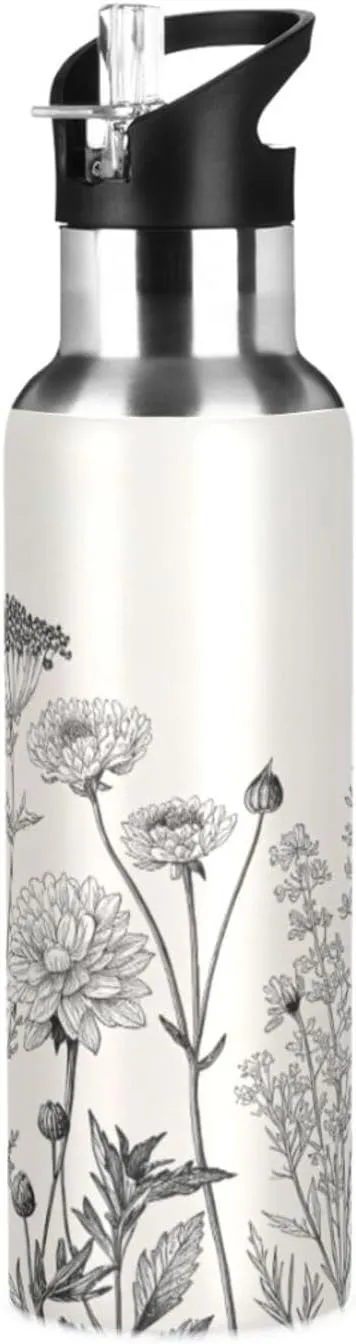 Qilmy Black and White Flowers Sport Water Bottle with Straw Lid Double Wall Vacuum Insulated Flask Stainless Steel Water Bottle 20 oz