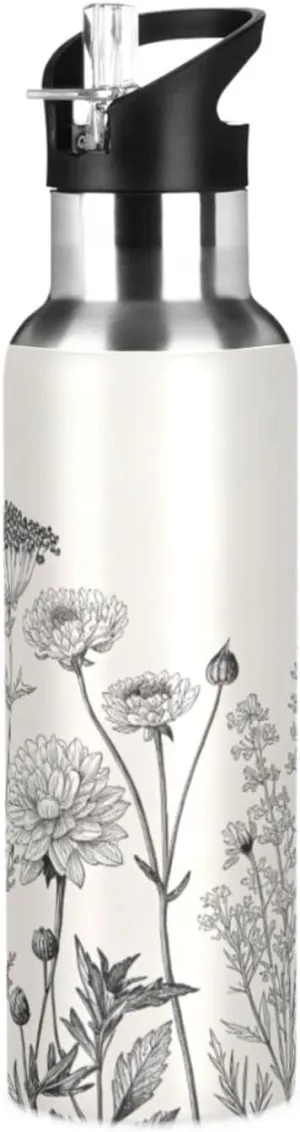 Qilmy Black and White Flowers Sport Water Bottle with Straw Lid Double Wall Vacuum Insulated Flask Stainless Steel Water Bottle 20 oz