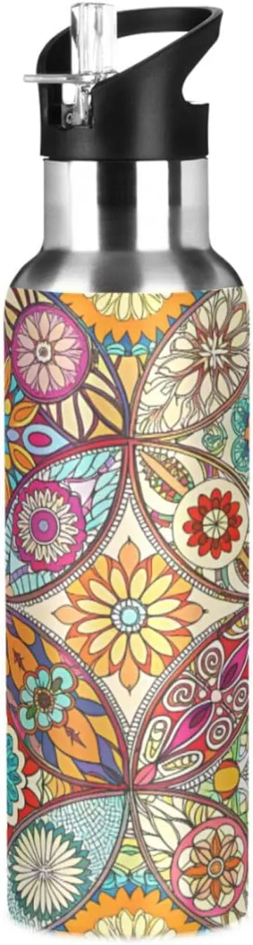 Qilmy Boho Mandala Sport Water Bottle with Straw Lid Double Wall Vacuum Insulated Flask Stainless Steel Water Bottle 20 oz