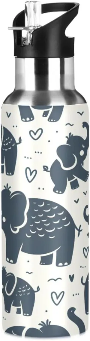 Qilmy Elephant Pattern Sport Water Bottle with Straw Lid Double Wall Vacuum Insulated Flask Stainless Steel Water Bottle 20 oz