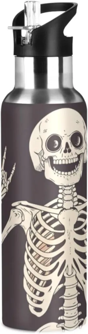 Qilmy Funny Skull Sport Water Bottle with Straw Lid Double Wall Vacuum Insulated Flask Stainless Steel Water Bottle 20 oz