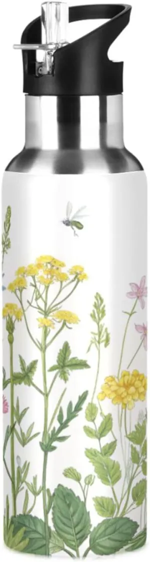 Qilmy Herbs Flowers Sport Water Bottle with Straw Lid Double Wall Vacuum Insulated Flask Stainless Steel Water Bottle 20 oz