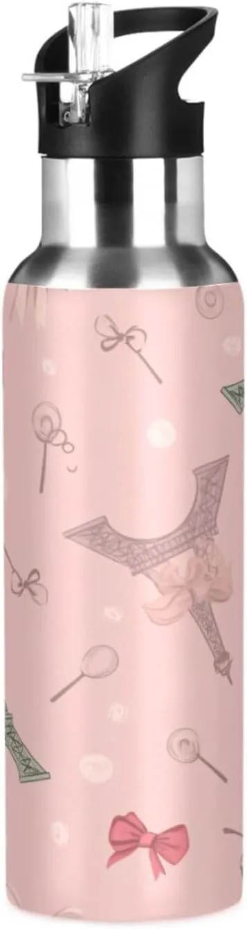 Qilmy Paris Tower Sport Water Bottle with Straw Lid Double Wall Vacuum Insulated Flask Stainless Steel Water Bottle 20 oz