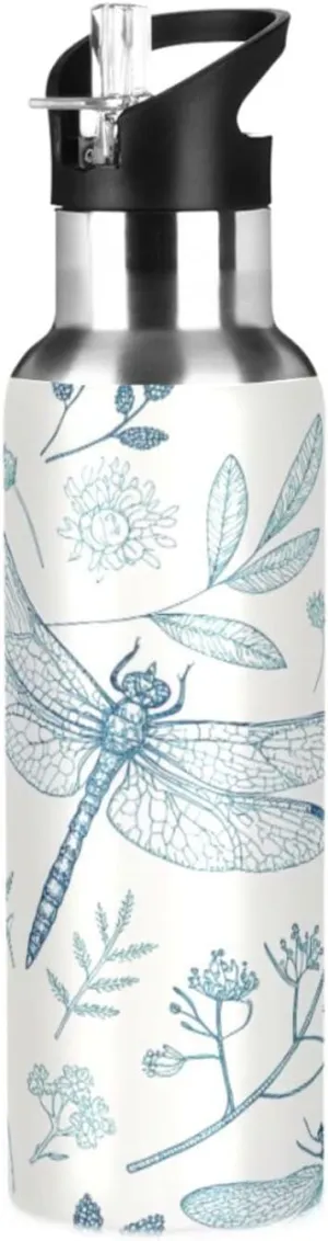 Qilmy Retro Dragonfly Sport Water Bottle with Straw Lid Double Wall Vacuum Insulated Flask Stainless Steel Water Bottle 20 oz