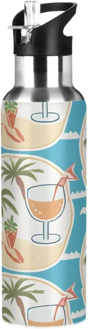 Qilmy Summer Pattern Sport Water Bottle with Straw Lid Double Wall Vacuum Insulated Flask Stainless Steel Water Bottle 20 oz