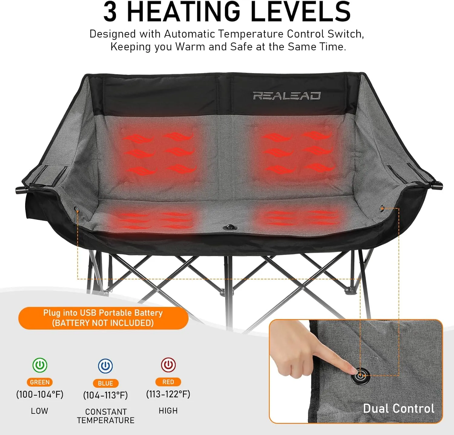 REALEAD Heated Double Camping Chair, 3 Heat Levels and 4 Heating Zones, Portable Heated Loveseat Chair for Outdoor Sports Support 650lbs, Heating Folding Chairs for Outside, Battery NOT Included