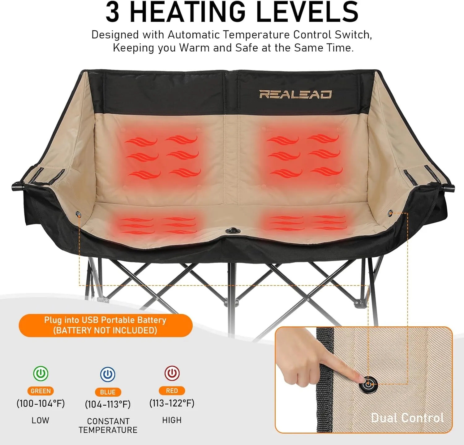 REALEAD Heated Double Camping Chair - Heated Folding Chairs for Outdoor Sports with 3 Heat Levels and 4 Heating Zones - Portable Heated Loveseat Camping Chair Supports 650 lbs Battery NOT Included