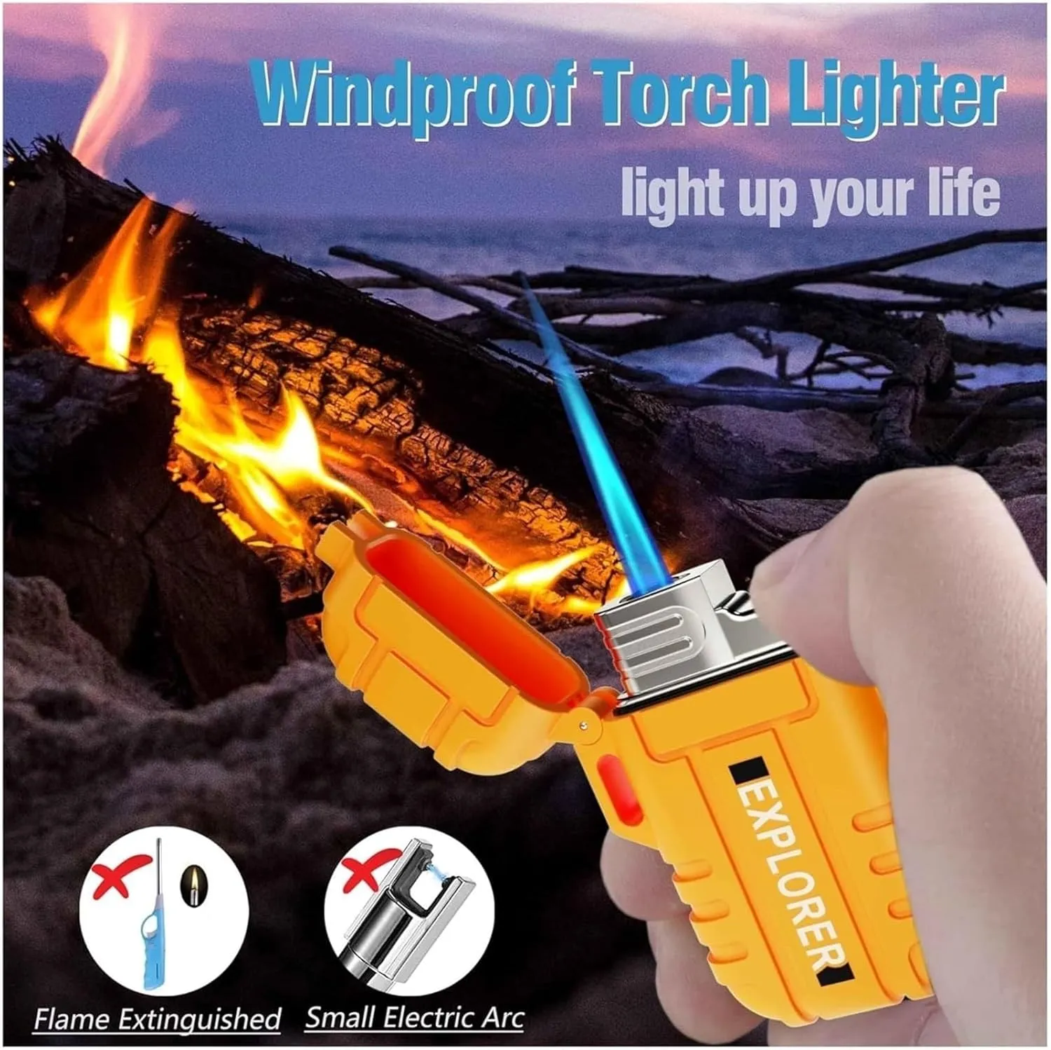 Rechargeable Butane Lighter, Windproof and Waterproof Adjustable Flame Lighter Waterproof Straight Lighter Flame Butane Lighter(Small)