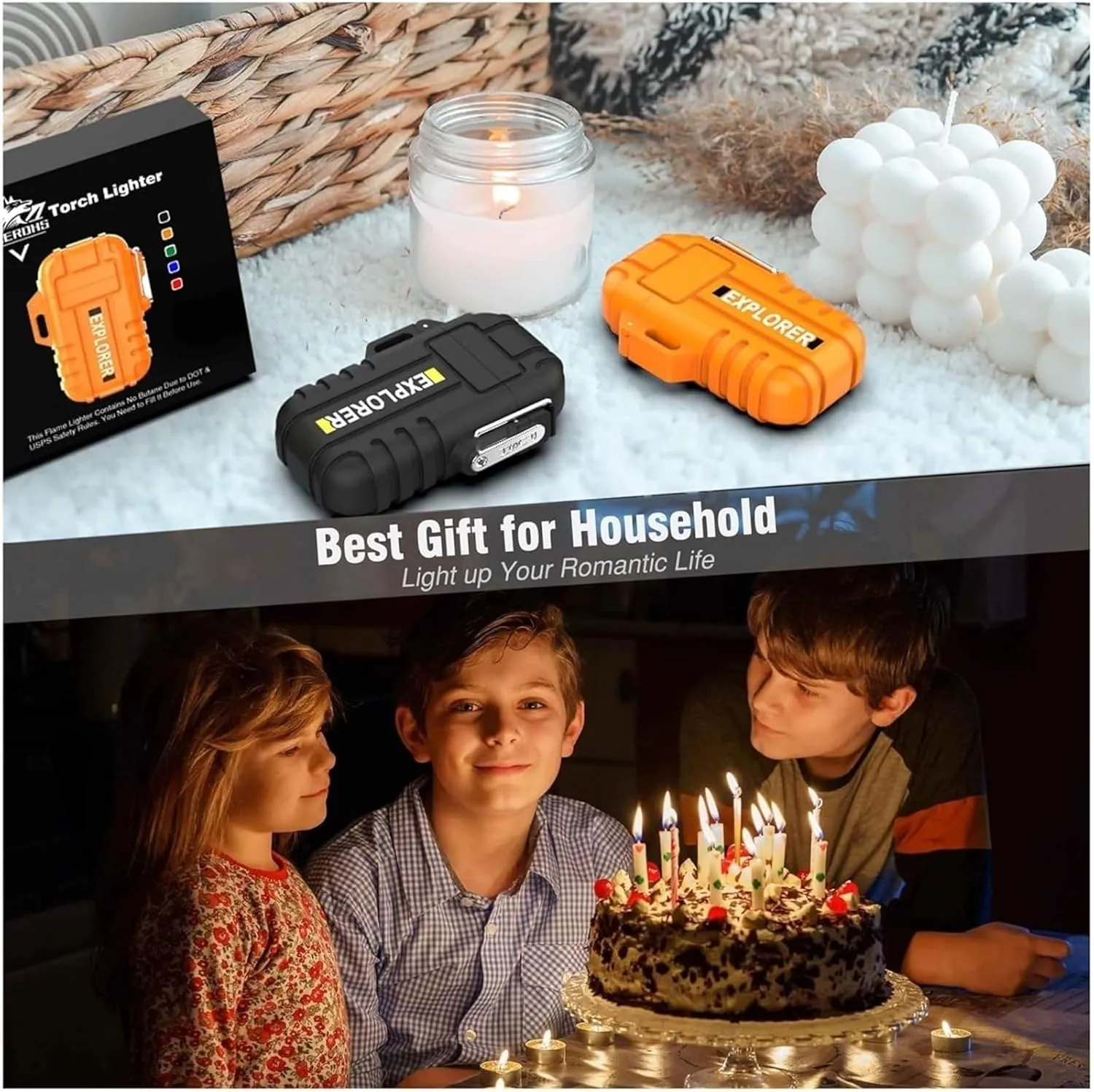 Rechargeable Butane Lighter, Windproof and Waterproof Adjustable Flame Lighter Waterproof Straight Lighter Flame Butane Lighter(Small)