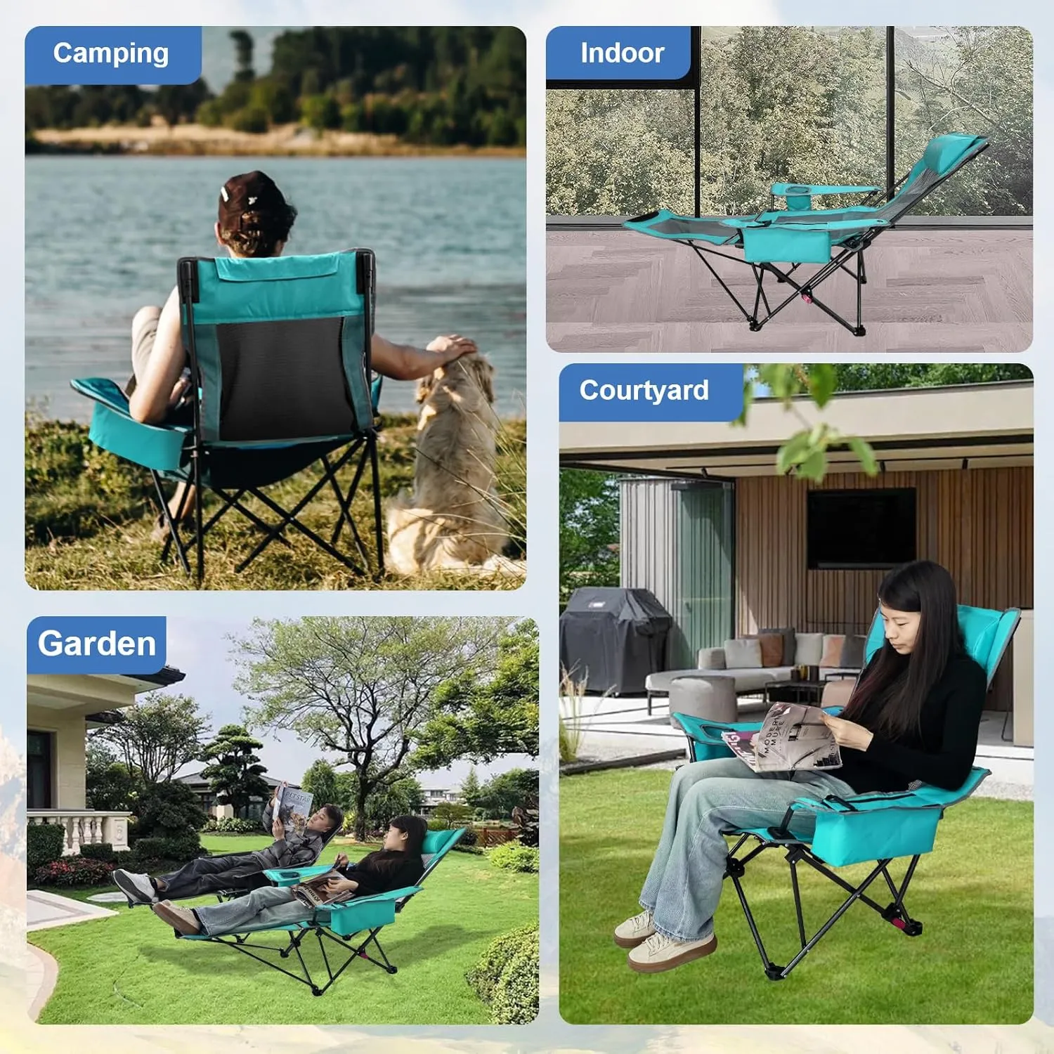 Reclining Camping Chair 4 Position with Foot Rest Comfortable for Adults 265Ibs Folding Lounger Mesh Beach Chair with Cooler Bag and Cup Holder for Outdoor Patio