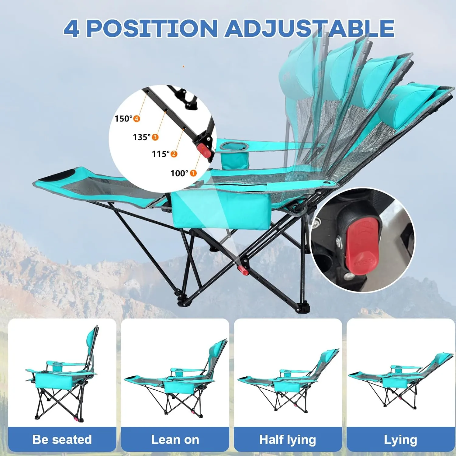 Reclining Camping Chair 4 Position with Foot Rest Comfortable for Adults 265Ibs Folding Lounger Mesh Beach Chair with Cooler Bag and Cup Holder for Outdoor Patio
