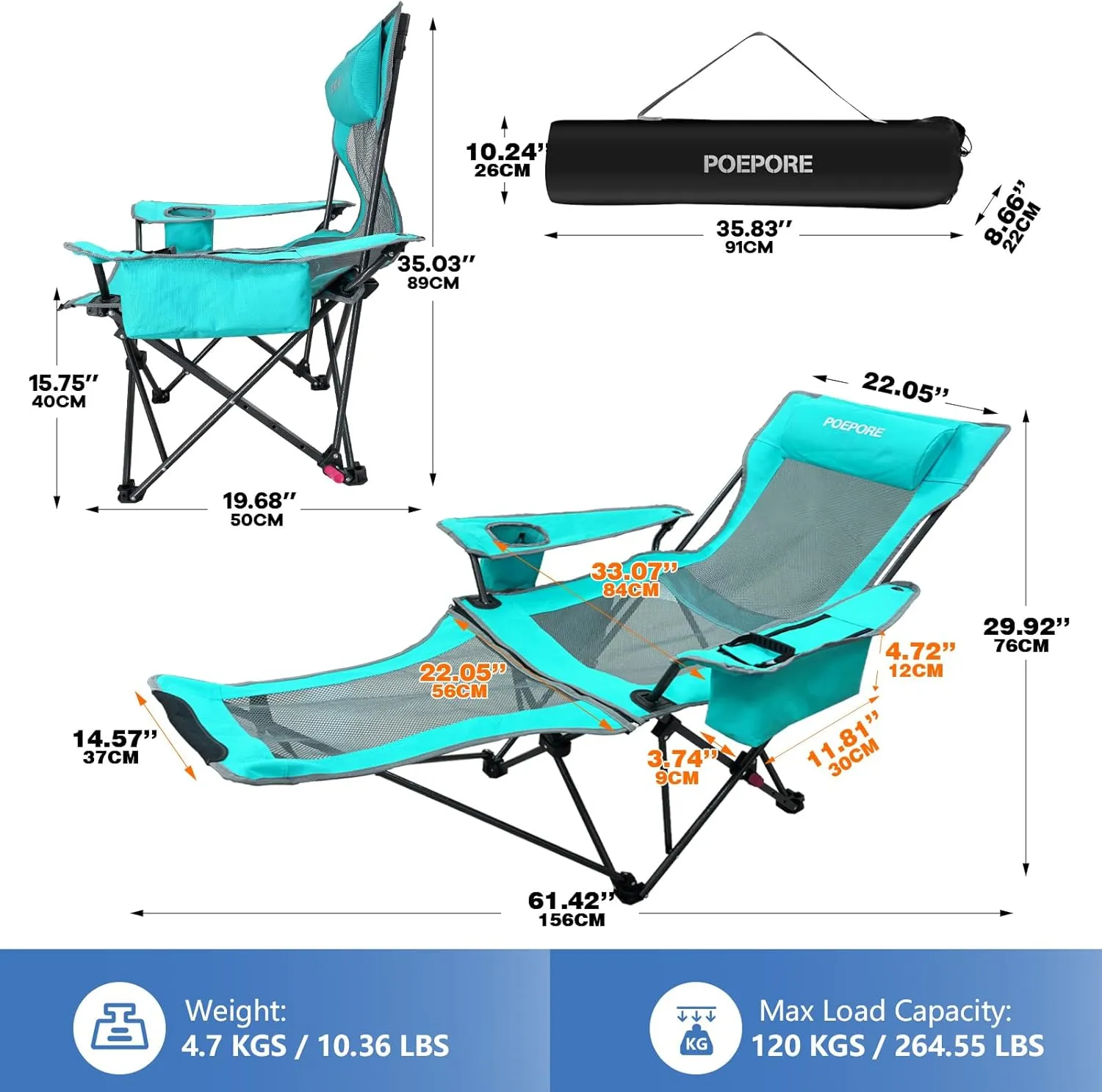 Reclining Camping Chair 4 Position with Foot Rest Comfortable for Adults 265Ibs Folding Lounger Mesh Beach Chair with Cooler Bag and Cup Holder for Outdoor Patio