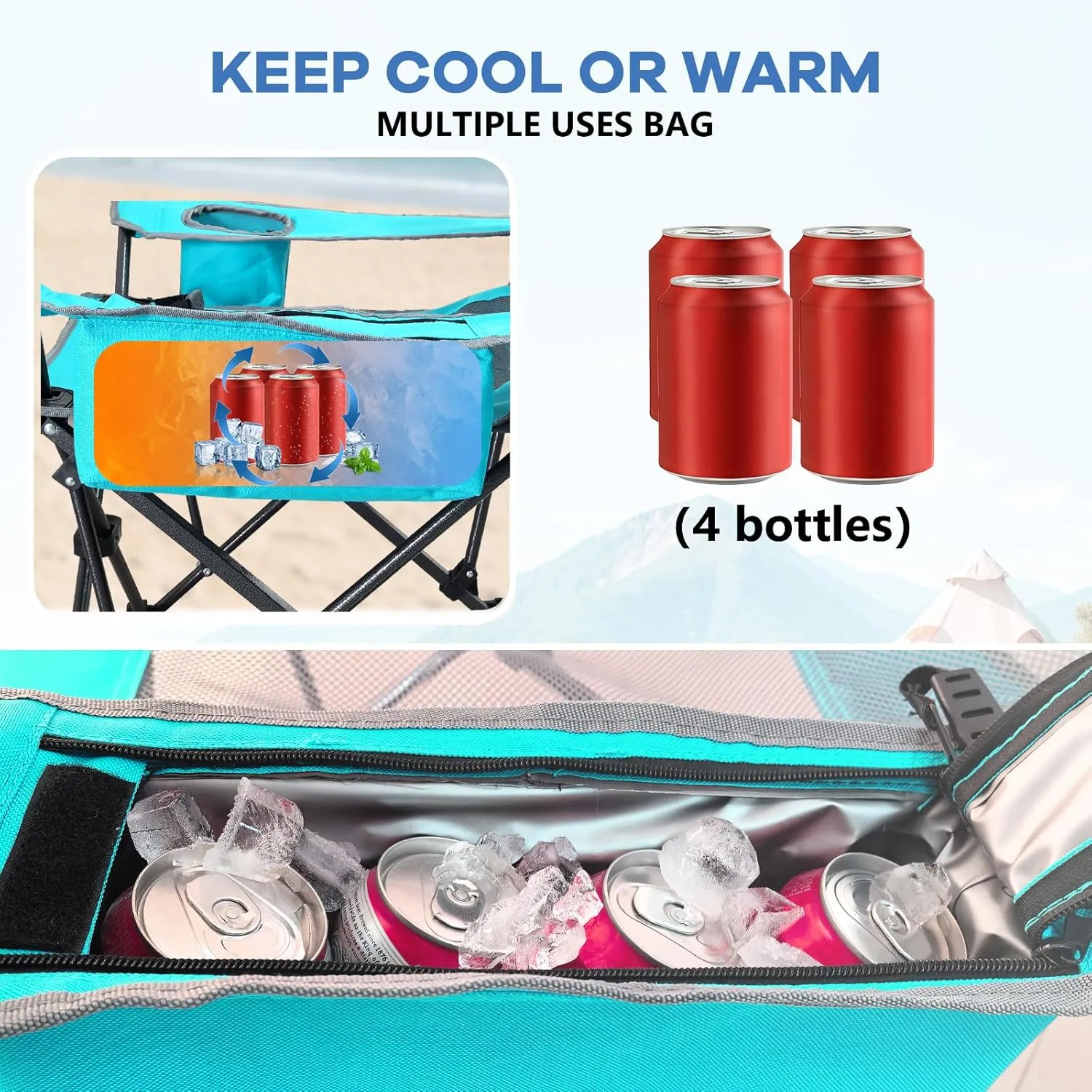 Reclining Camping Chair 4 Position with Foot Rest Comfortable for Adults 265Ibs Folding Lounger Mesh Beach Chair with Cooler Bag and Cup Holder for Outdoor Patio