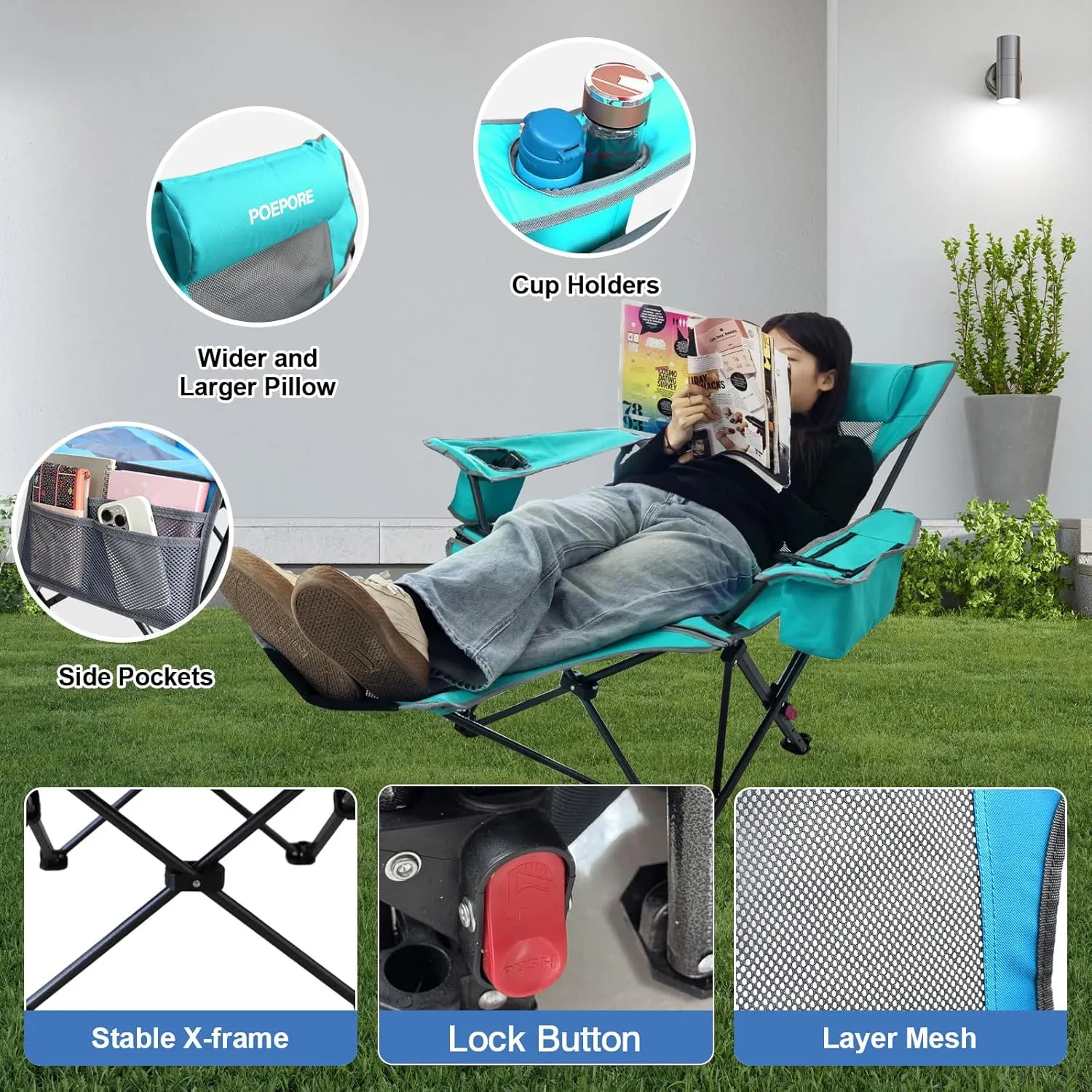 Reclining Camping Chair 4 Position with Foot Rest Comfortable for Adults 265Ibs Folding Lounger Mesh Beach Chair with Cooler Bag and Cup Holder for Outdoor Patio