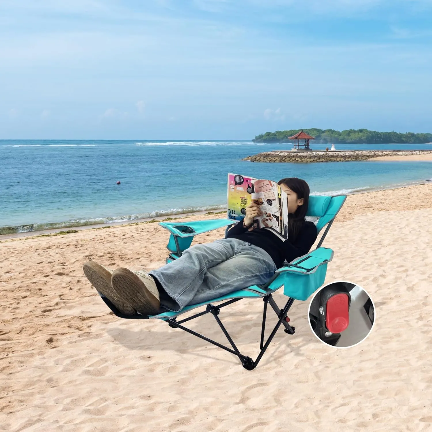 Reclining Camping Chair 4 Position with Foot Rest Comfortable for Adults 265Ibs Folding Lounger Mesh Beach Chair with Cooler Bag and Cup Holder for Outdoor Patio