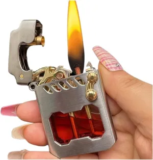 Recyclable kerosene lighter, old-fashioned metal kerosene lighter, rocker link drive gear ignition lighter, with fuel observation window, suitable for wilderness, travel, camping (fuel not included)(S