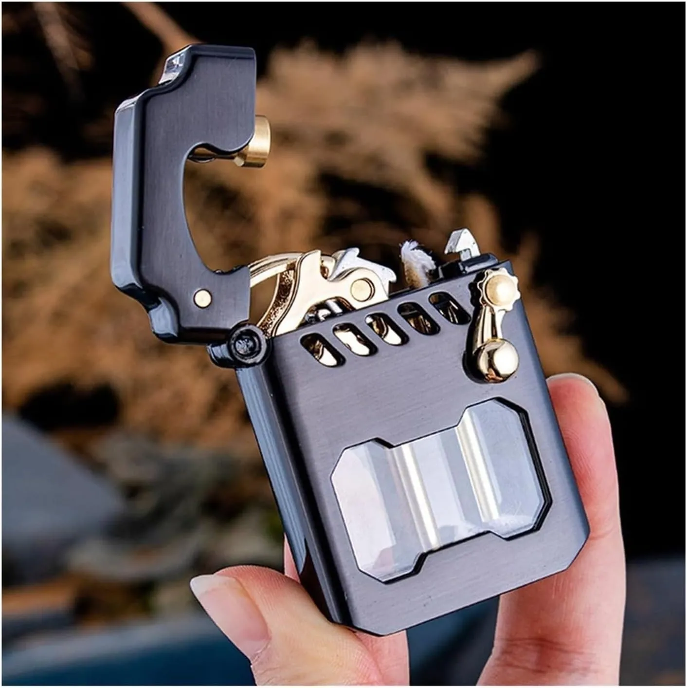 Recyclable kerosene lighter, old-fashioned metal kerosene lighter, rocker link drive gear ignition lighter, with fuel observation window, suitable for wilderness, travel, camping (fuel not included)(S