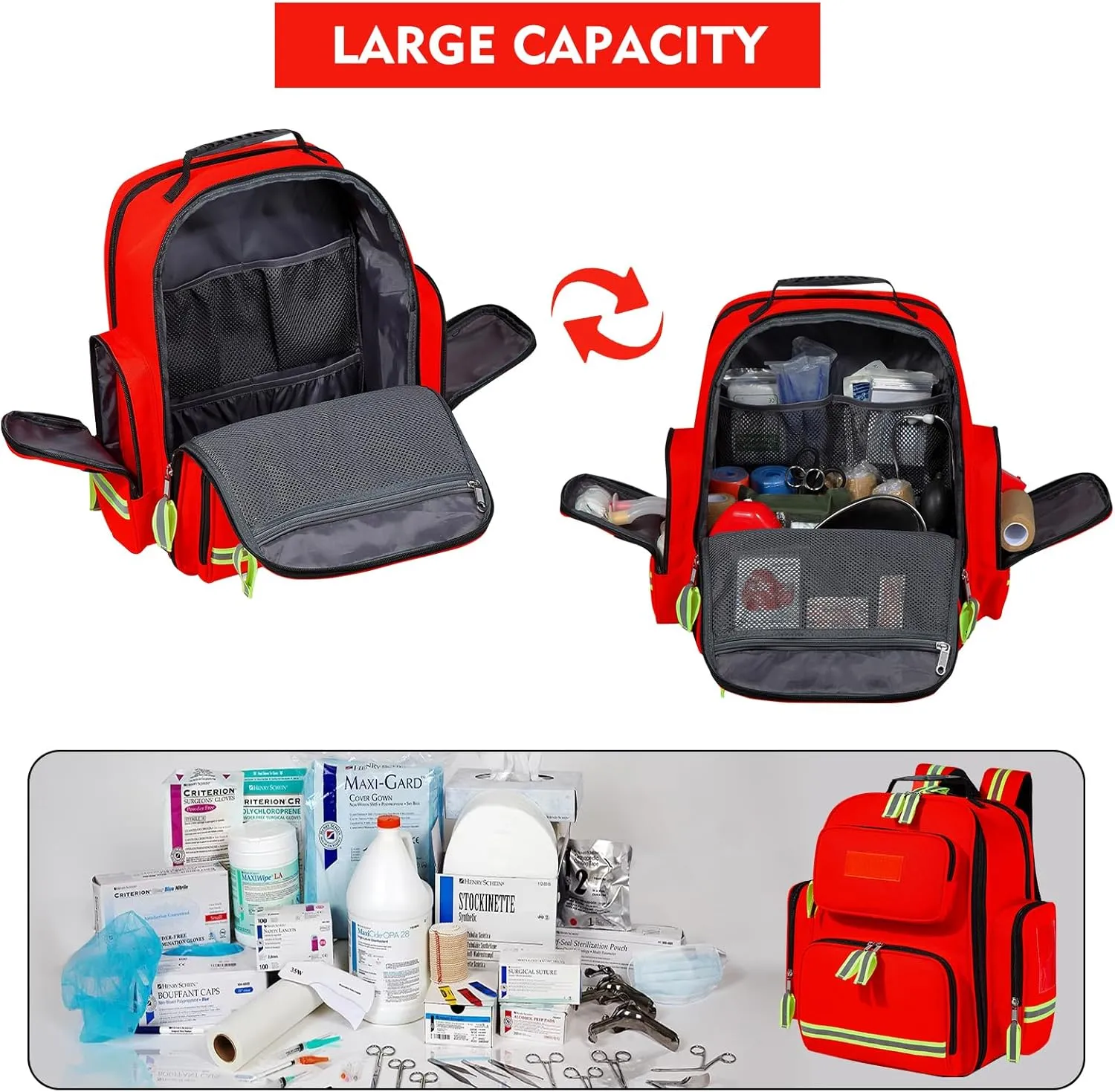 Red Cross First Aid Backpack - Multi-Pocket Emergency Medical Bag for School, Camping, Trip, Go Bag, Sports Medicine, Trauma