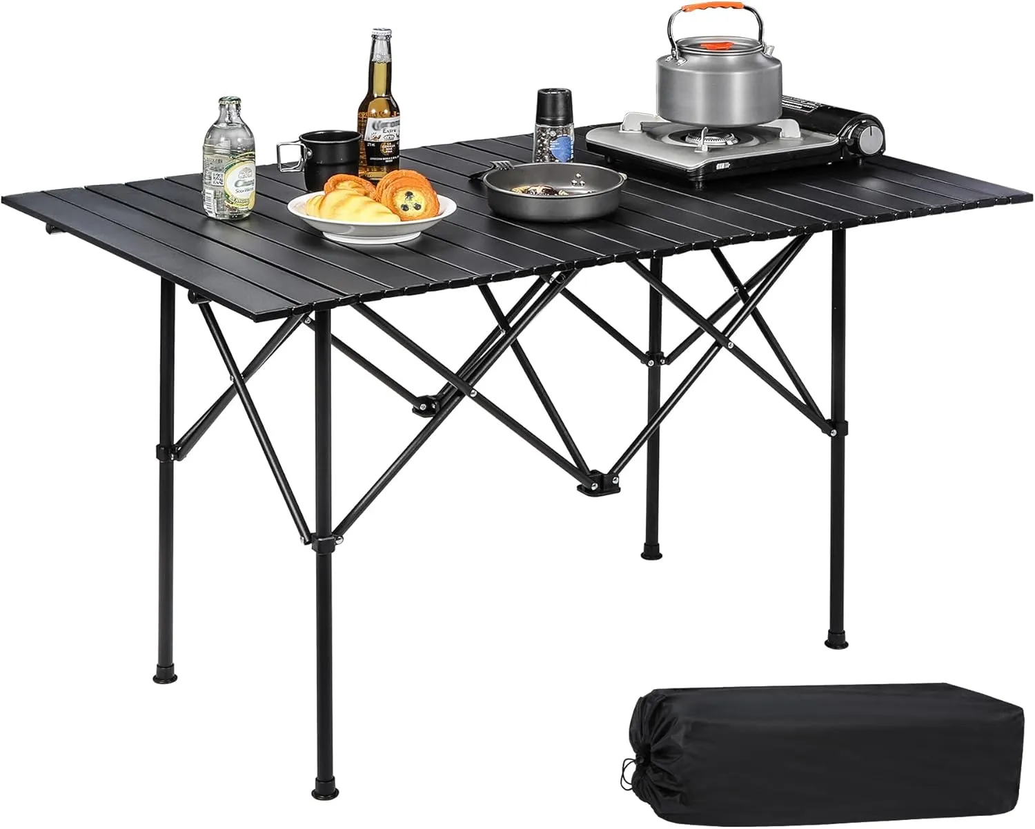 REDCAMP Roll Up Camping Tables That Fold Up, Lightweight Portable Compact Metal Camp Table for Grill Outdoor Picnic, Black Long 47x28