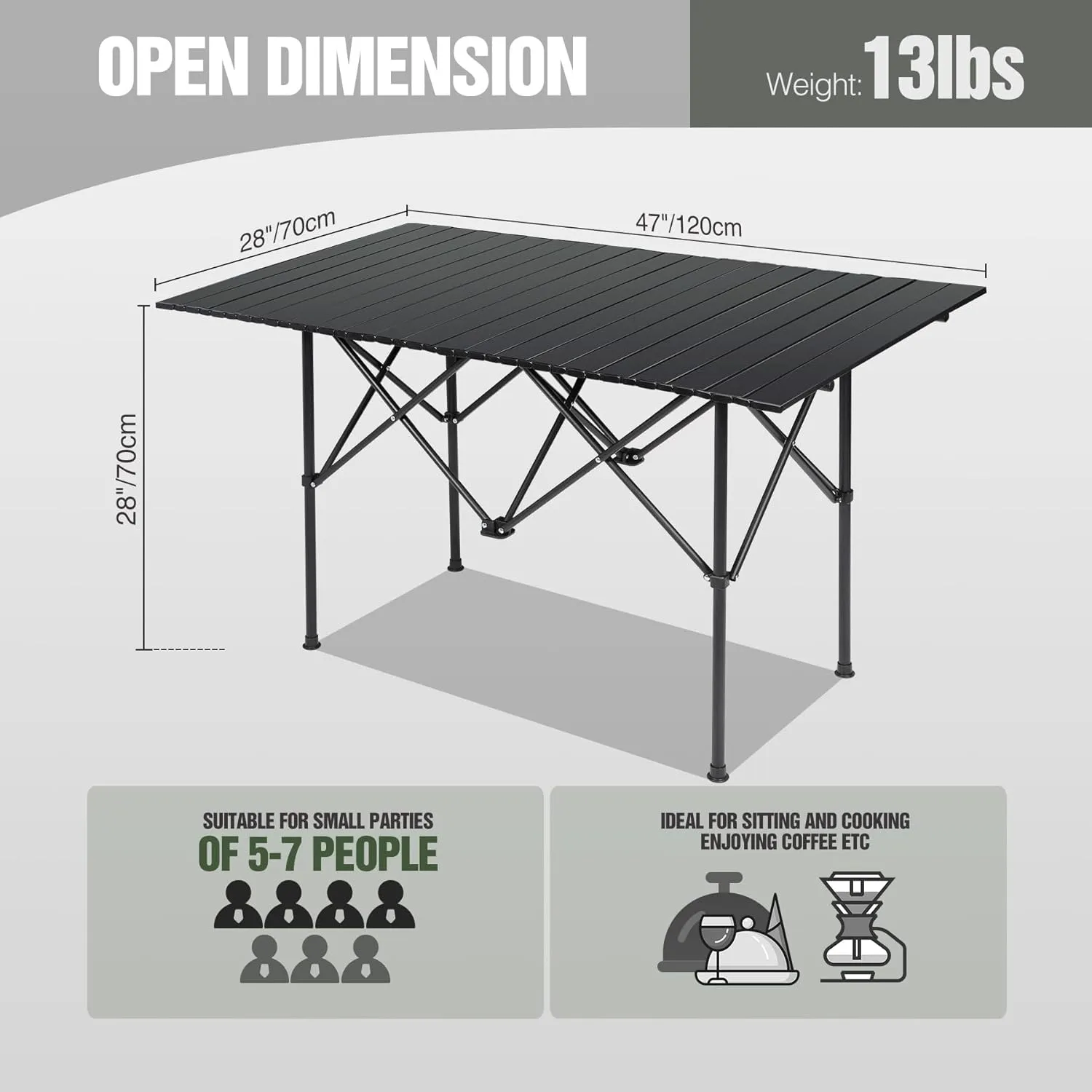 REDCAMP Roll Up Camping Tables That Fold Up, Lightweight Portable Compact Metal Camp Table for Grill Outdoor Picnic, Black Long 47x28