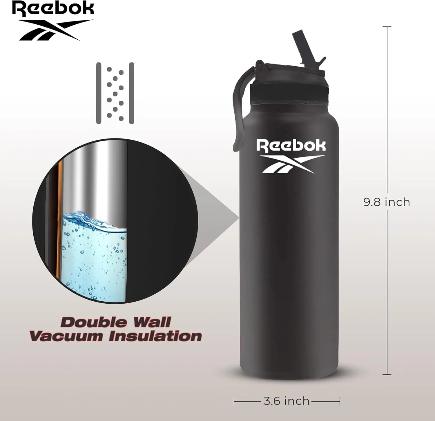 Reebok Lifestyle Stainless Steel Water Bottle - Insulated Water Bottle 32 oz With Straw - Double Wall Vacuum Insulated Sports Water Bottle, BPA Free