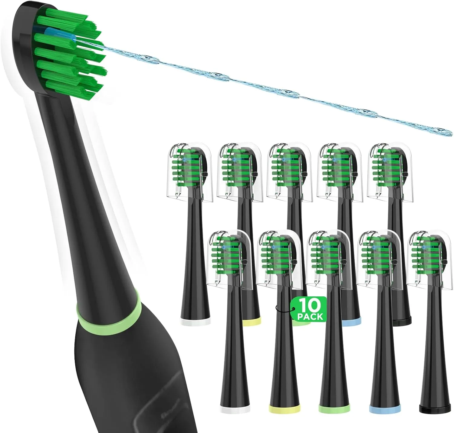 Replacement Toothbrush Heads for All Waterpik Sonic Fusion Models (SF-01, SF-02, SF-03, and SF-04 Series), Compact, with Covers, 10 Count, Black